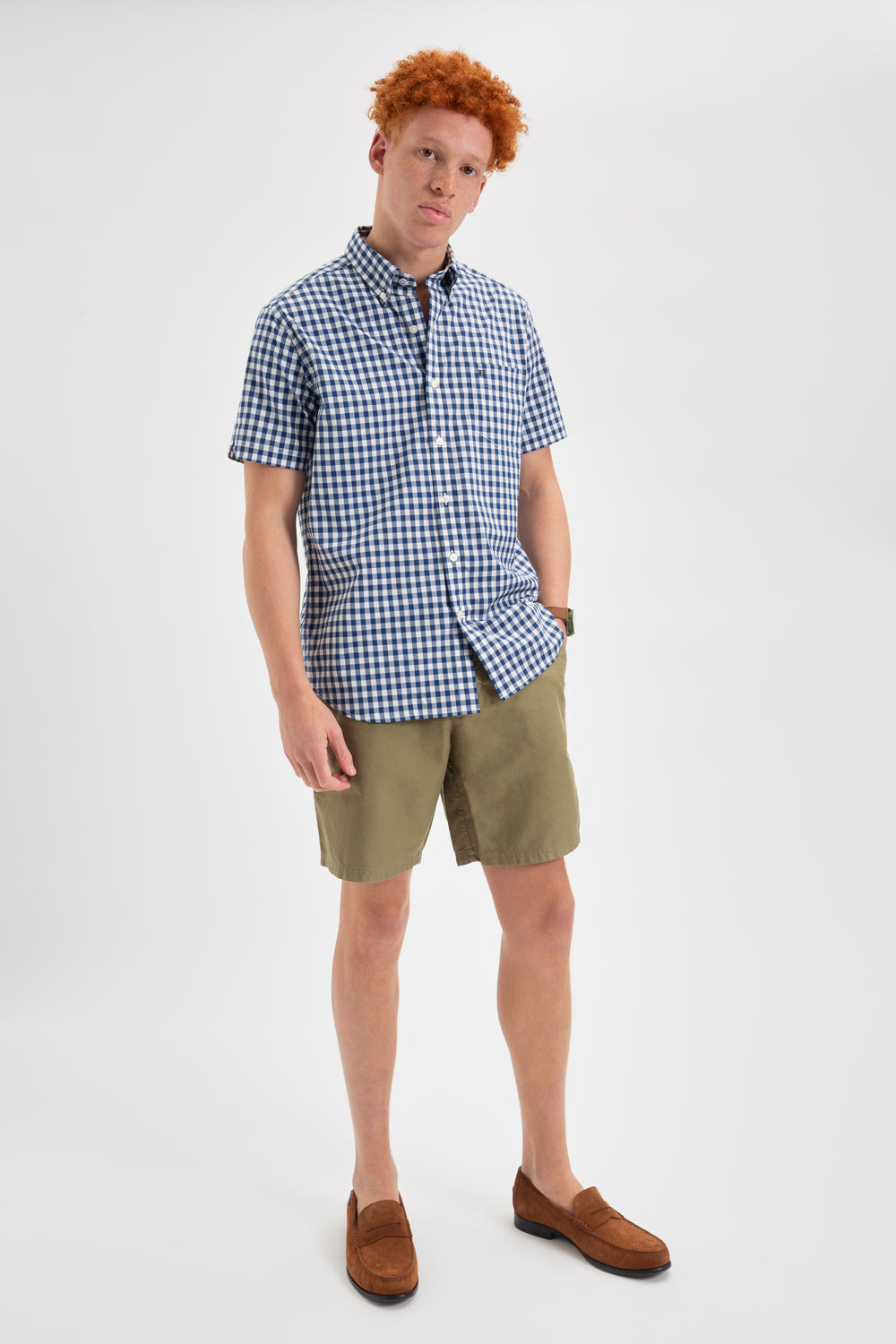 Chemises Ben Sherman Short Sleeve House Poplin Gingham Bleu Marine Vert Olive | QKP-11478141